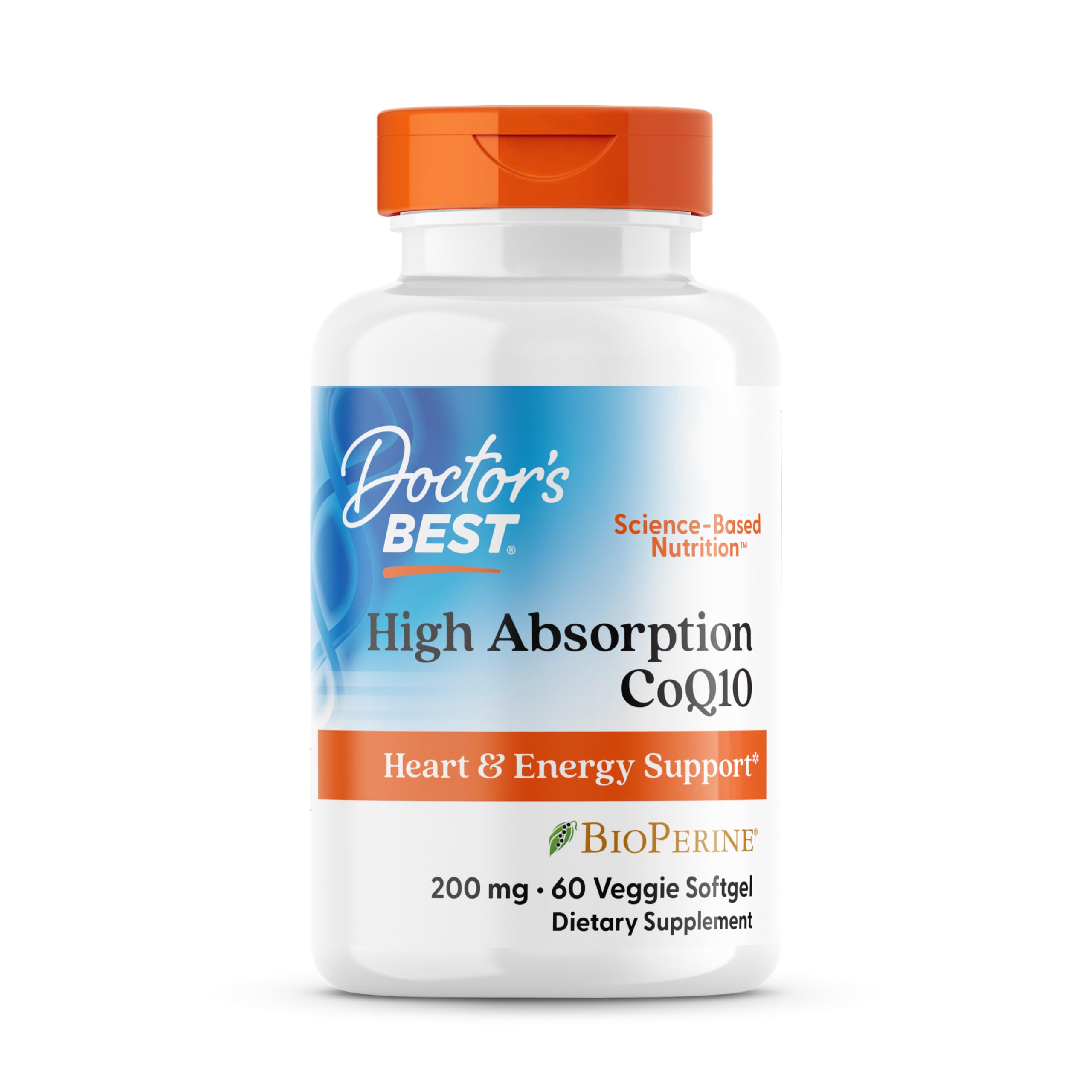 Doctor's BEST envase frontal CoQ10 mostrando 60 cápsulas y beneficios