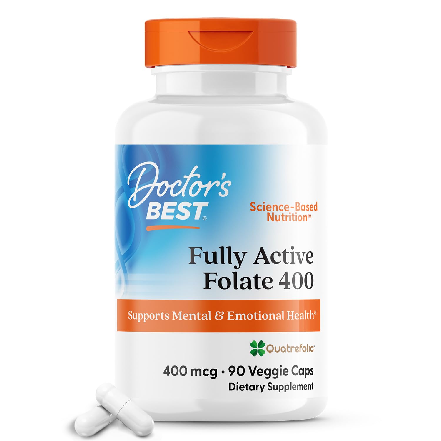 Doctor's BEST envase frontal mostrando Quatrefolic 400 mcg y beneficios