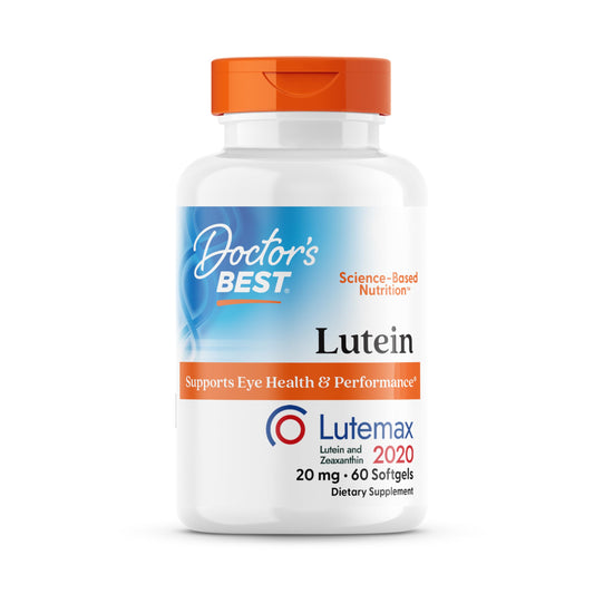 Doctor's BEST frasco frontal con etiqueta clara mostrando luteína 20 mg