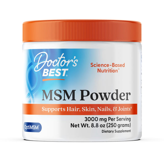 Doctor's Best envase frontal de MSM en polvo mostrando etiqueta y beneficios