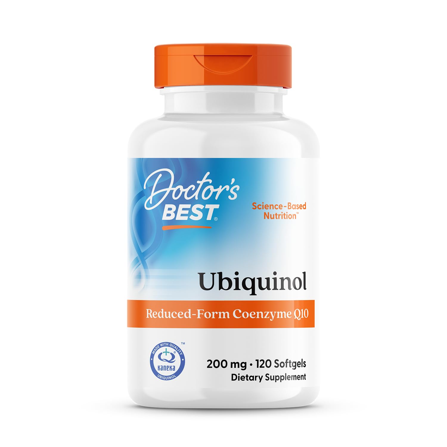 Doctor's BEST frasco frontal de Ubiquinol mostrando etiqueta y beneficio de absorción