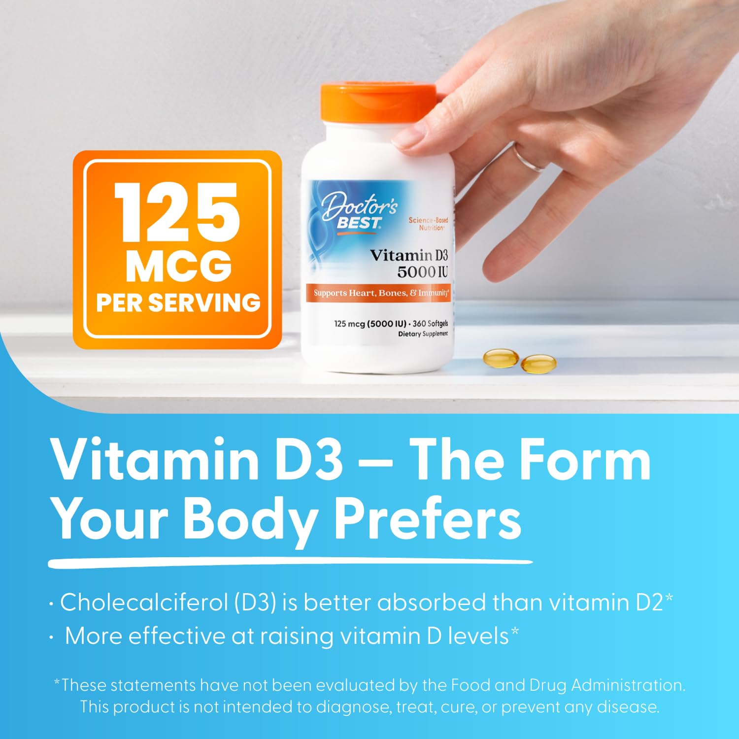 Doctor's BEST etiqueta visible con dosis 5000 UI y características del producto