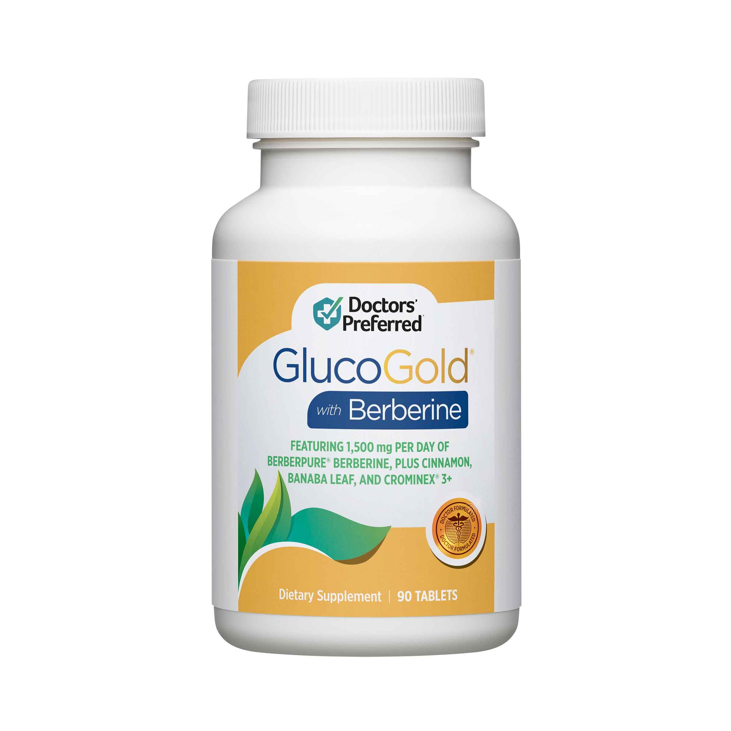 DOCTORS' PREFERRED frasco frontal mostrando GlucoGold y claridad de dosis