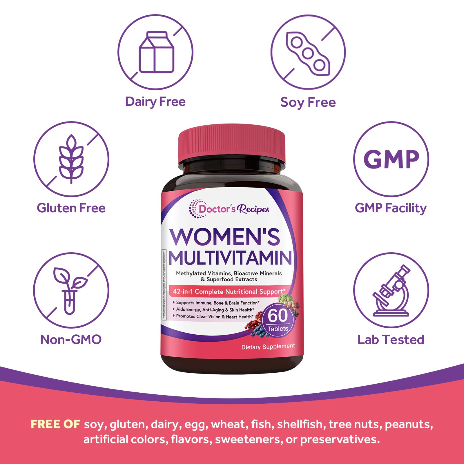 Doctor's Recipes etiqueta nutricional clara con información de vitaminas