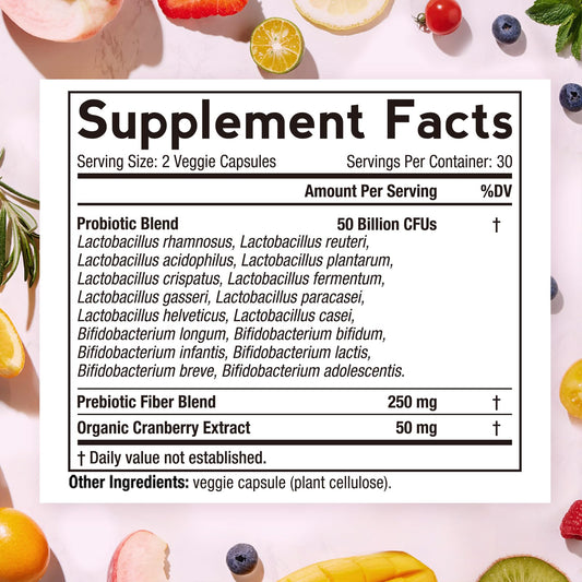 Doctor's Recipes Women's Probiotic bottle back with ingredients and allergen notes