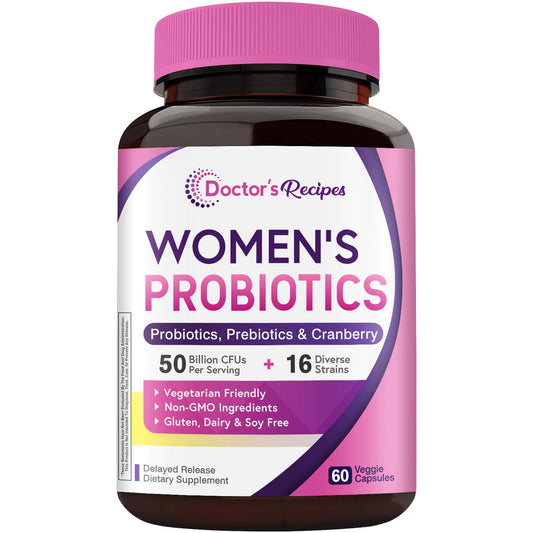 Doctor's Recipes Women's Probiotic bottle front view showing packaging for daily use