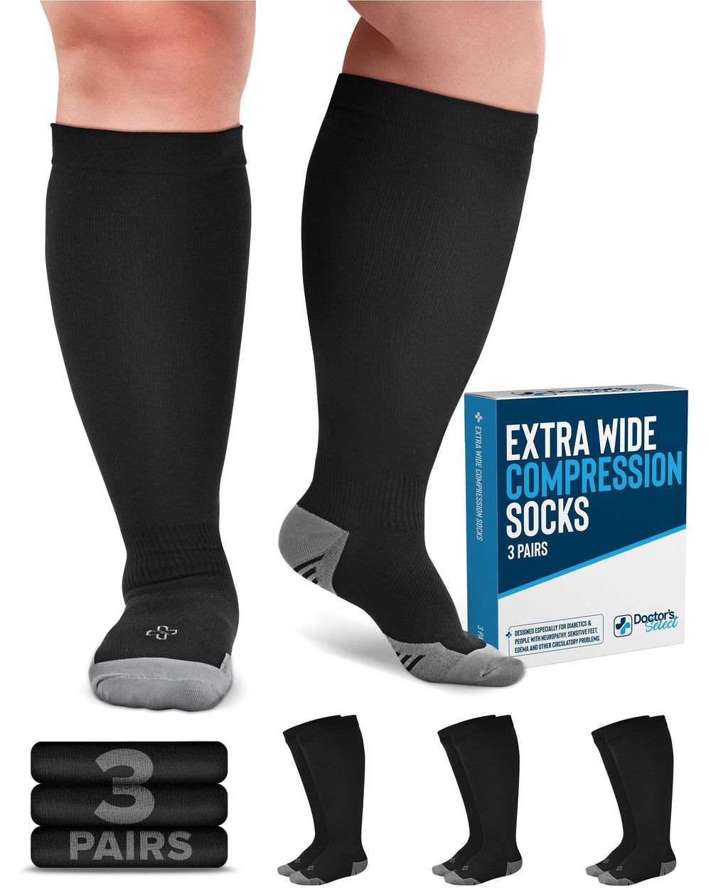 Doctor's Select empaque frontal mostrando 3 pares y beneficio durabilidad