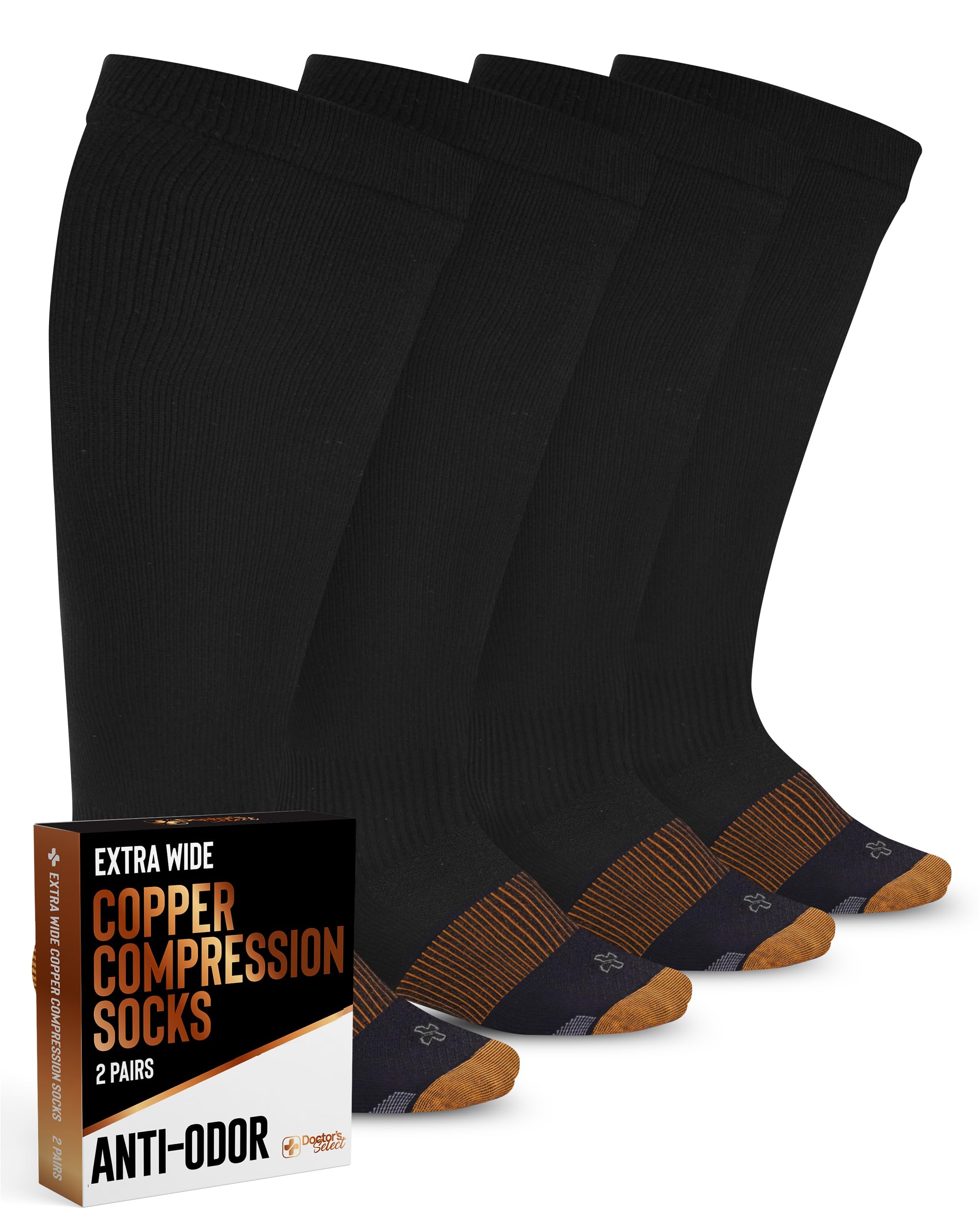 Doctor's Select frente del paquete mostrando 2 pares y talla extra ancho, comodidad inmediata