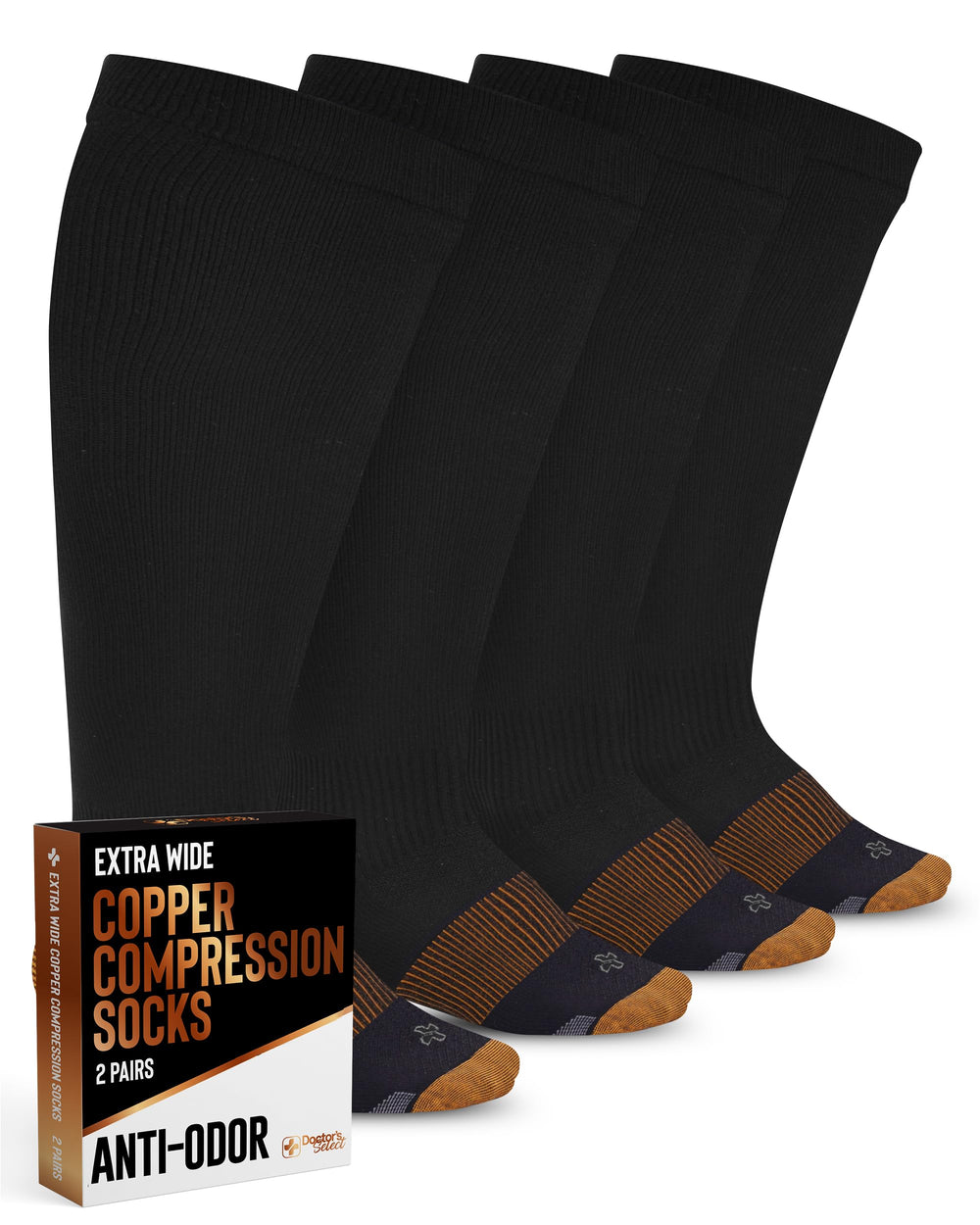 Doctor's Select frente del paquete mostrando 2 pares y talla extra ancho, comodidad inmediata