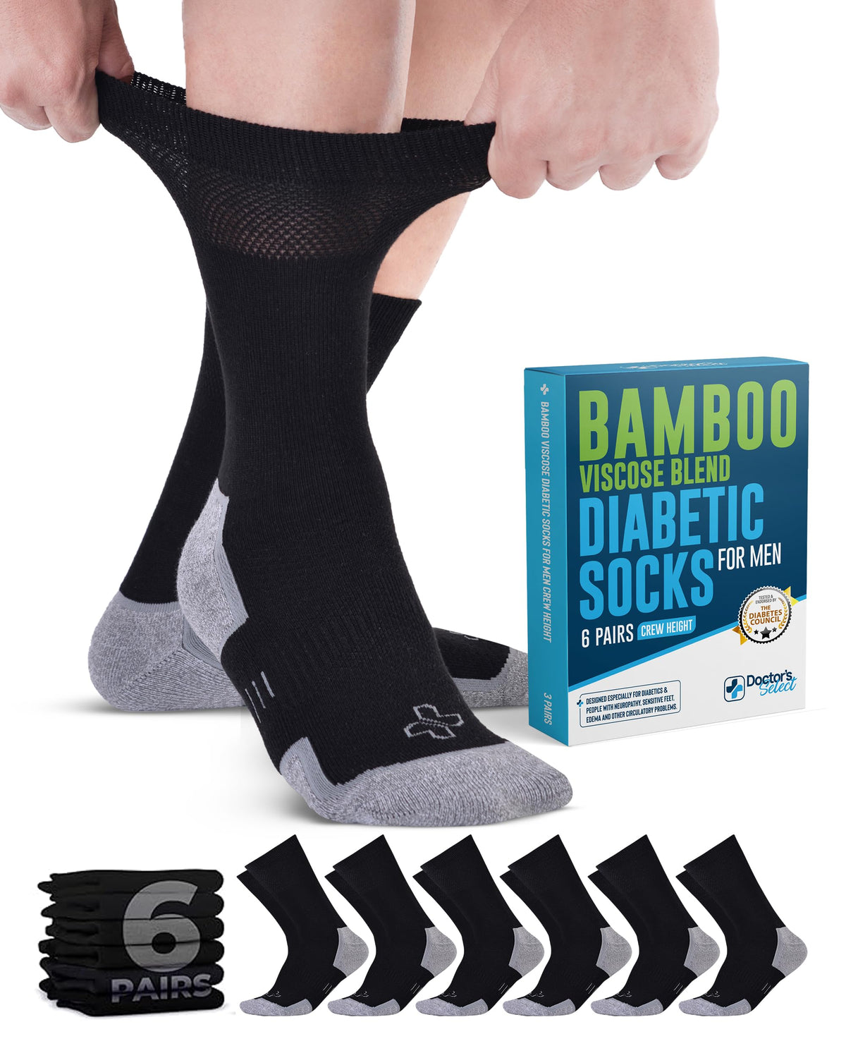 Doctor's Select empaque frontal negro mostrando seis pares y ventaja de confort