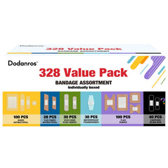 Dodanros vista frontal del empaque con 328 curitas y beneficios de variedad