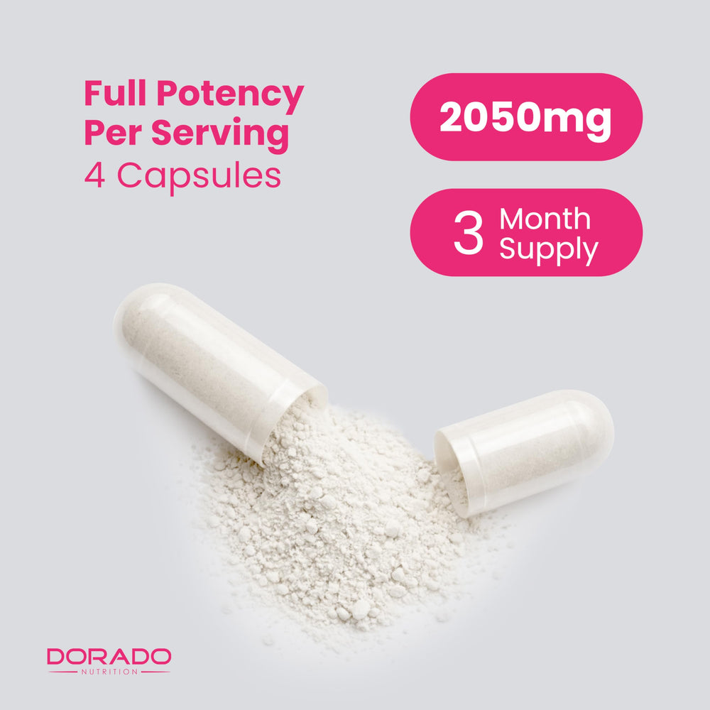 DORADO NUTRITION caja abierta con 360 cápsulas para mostrar suministro prolongado