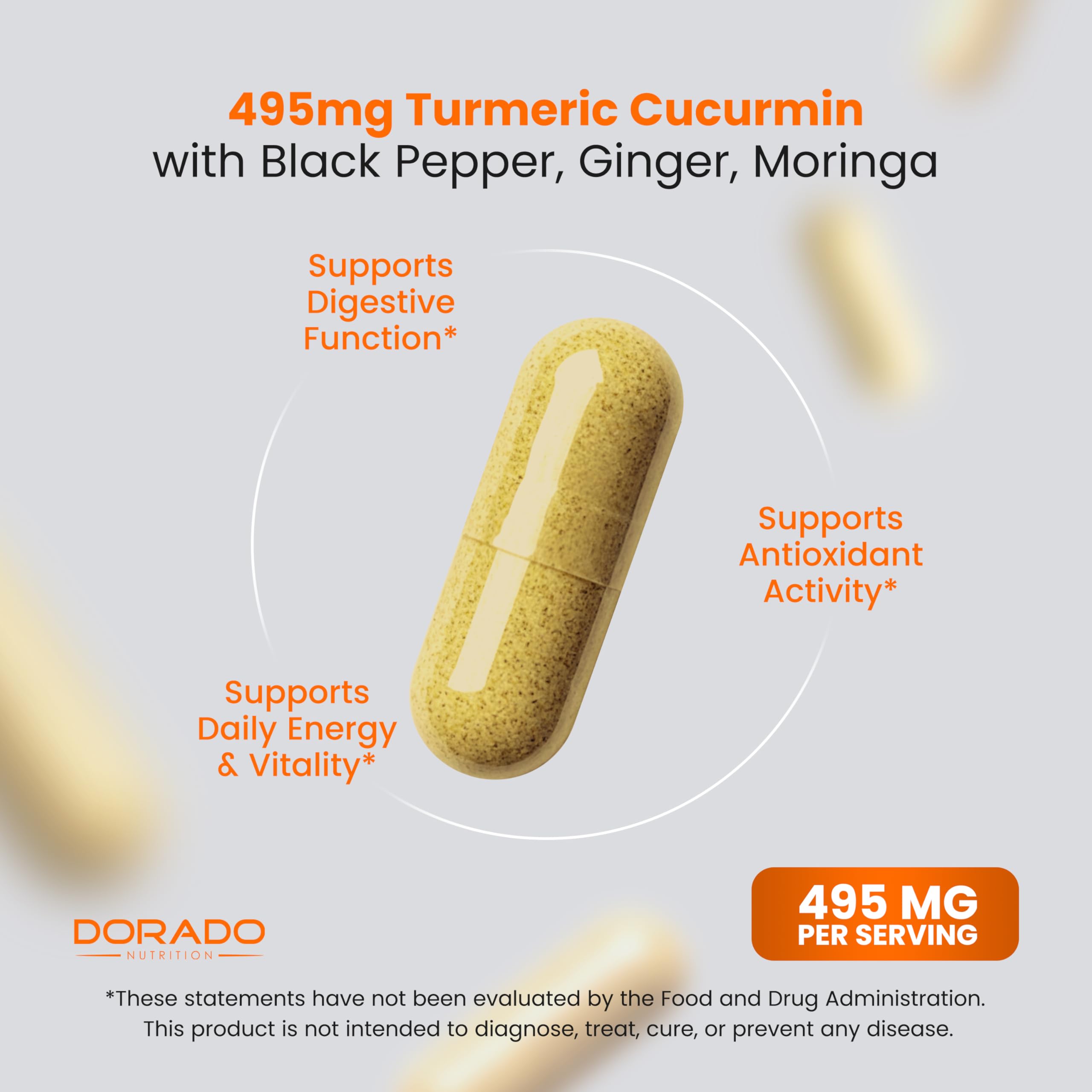 DORADO NUTRITION cápsula junto a regla para escala, tamaño y dosificación clara