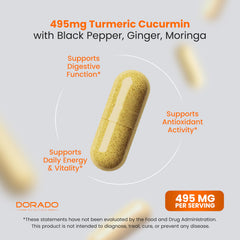 DORADO NUTRITION cápsula junto a regla para escala, tamaño y dosificación clara
