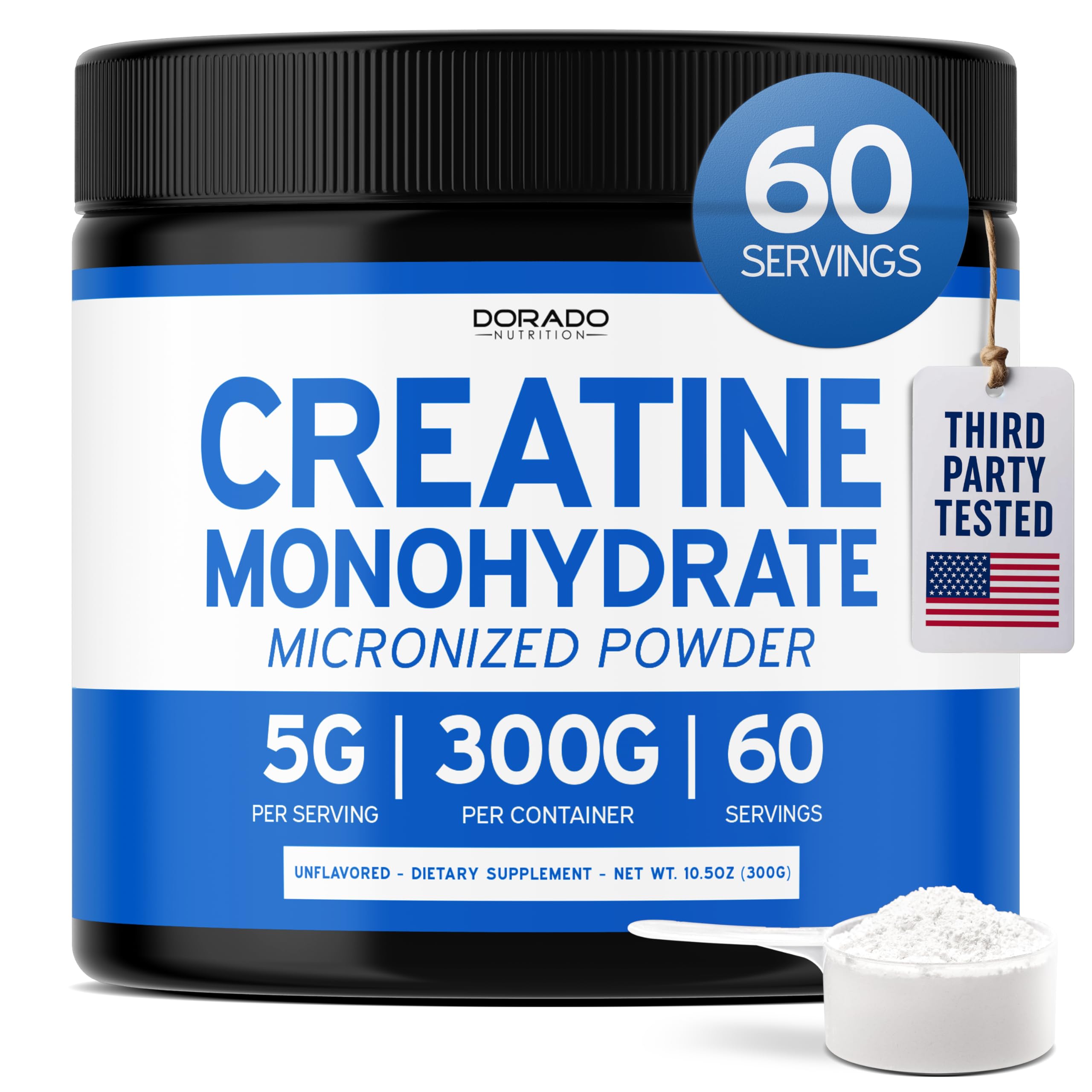 DORADO NUTRITION envase frontal mostrando creatina pura y 60 servicios