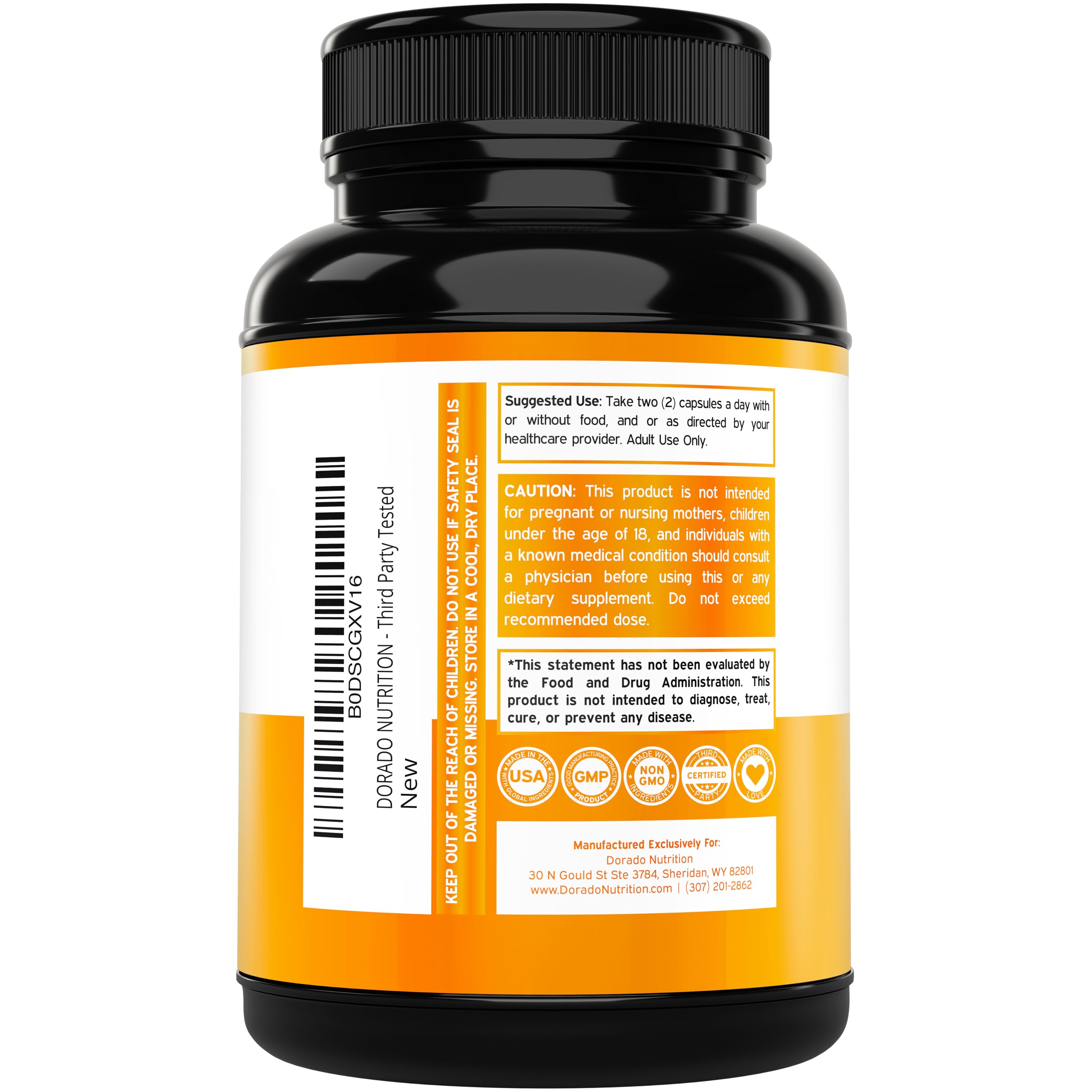 DORADO NUTRITION etiqueta con ingredientes y certificaciones visibles