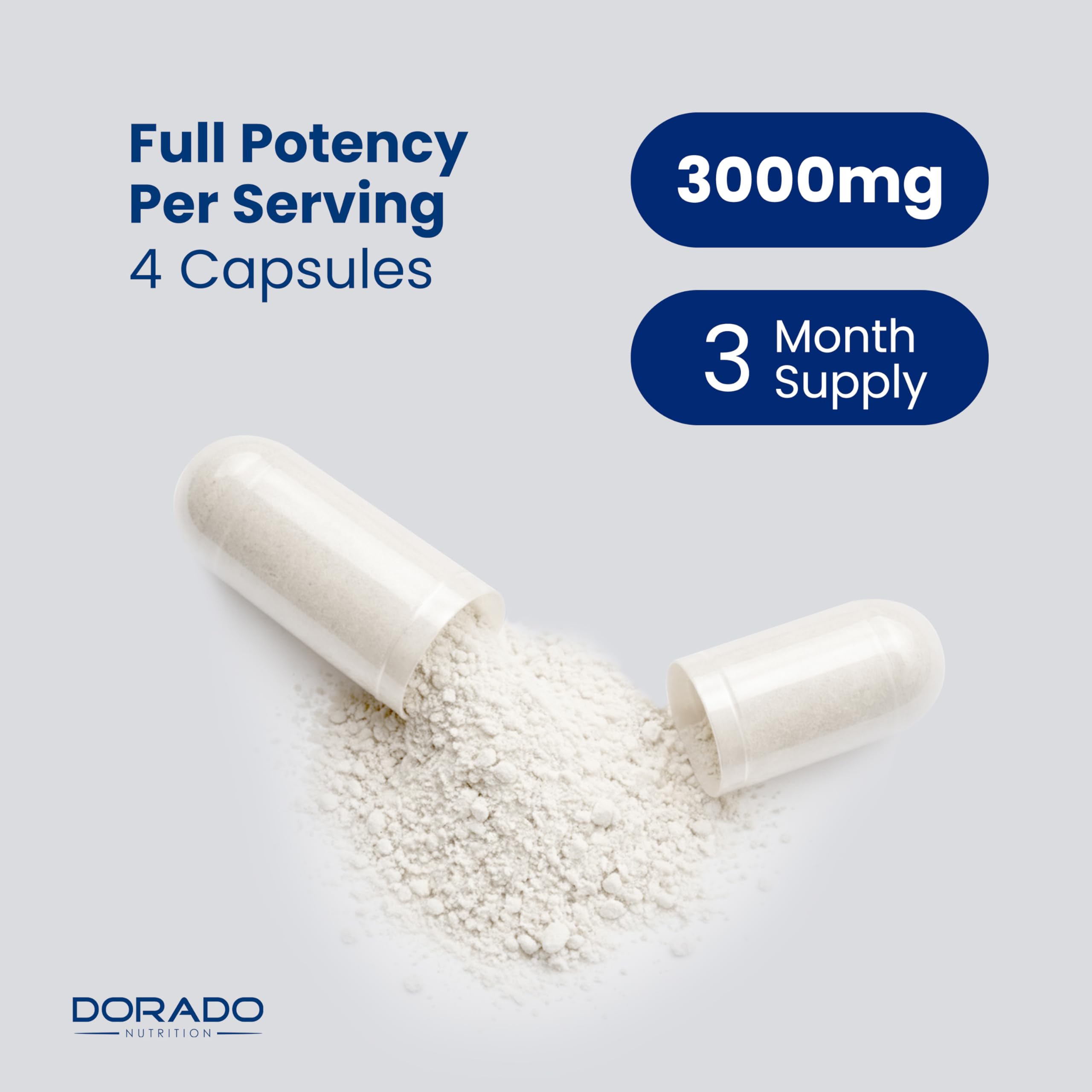 DORADO NUTRITION frasco abierto con cápsulas ordenadas, fácil de ver la presentación