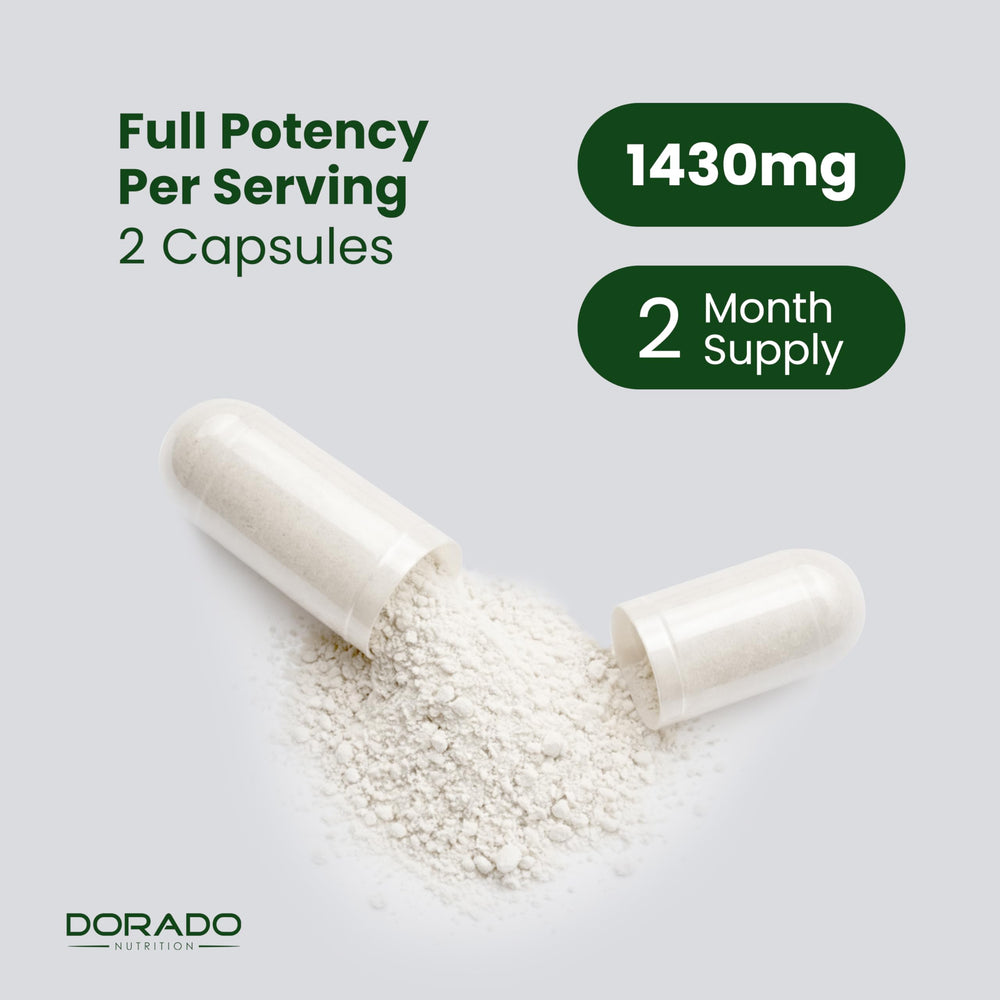 DORADO NUTRITION frasco abierto con cápsulas derramadas para ver cantidad y textura
