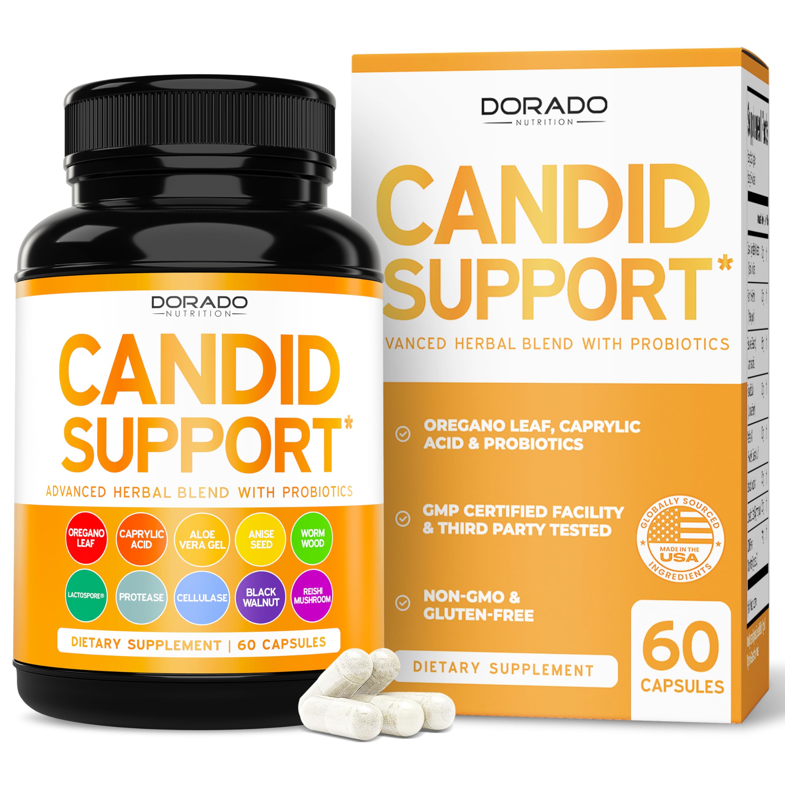 DORADO NUTRITION frasco delantero mostrando cápsulas y diseño claro