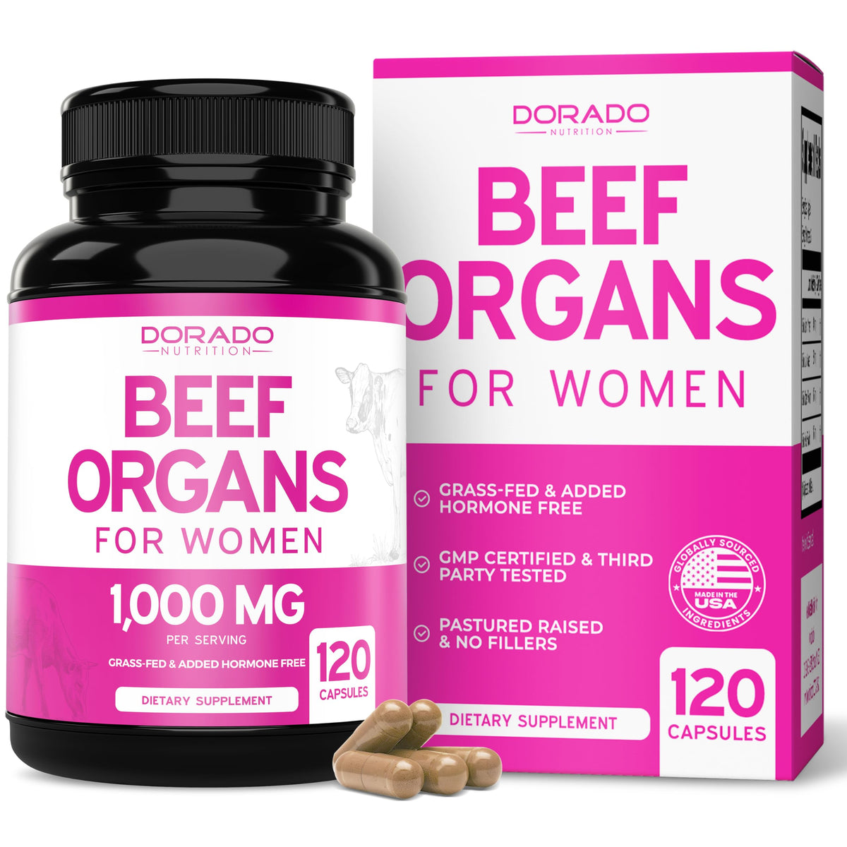 DORADO NUTRITION frasco frontal mostrando 120 cápsulas y etiquetado claro