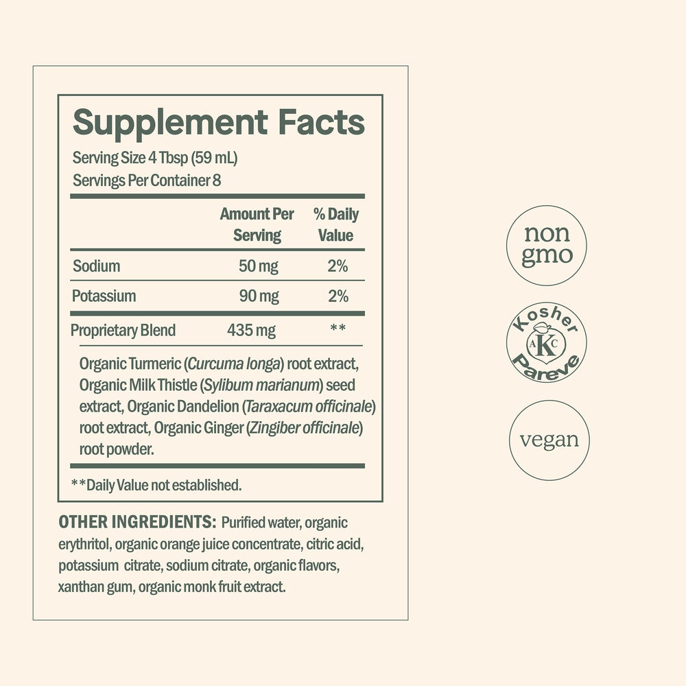Dose for Your Liver etiqueta con lista de ingredientes y curcuminoides, transparencia informativa