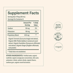 Dose for Your Liver etiqueta con lista de ingredientes y curcuminoides, transparencia informativa