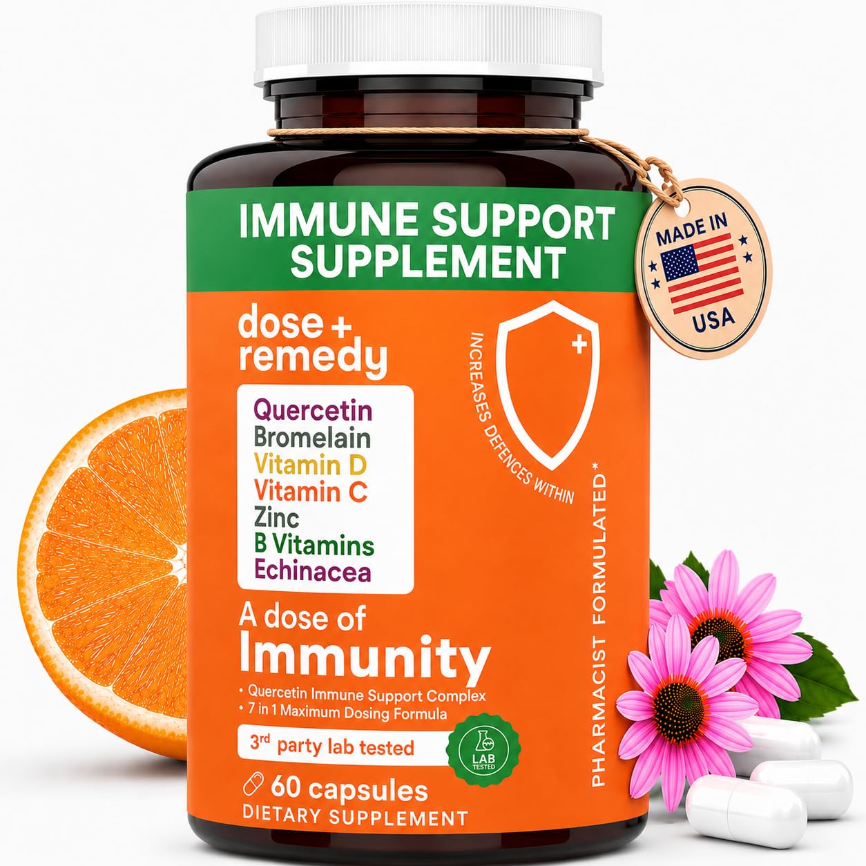 dose + remedy frasco delante mostrando 60 cápsulas y conveniencia diaria