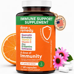 dose + remedy frasco delante mostrando 60 cápsulas y conveniencia diaria