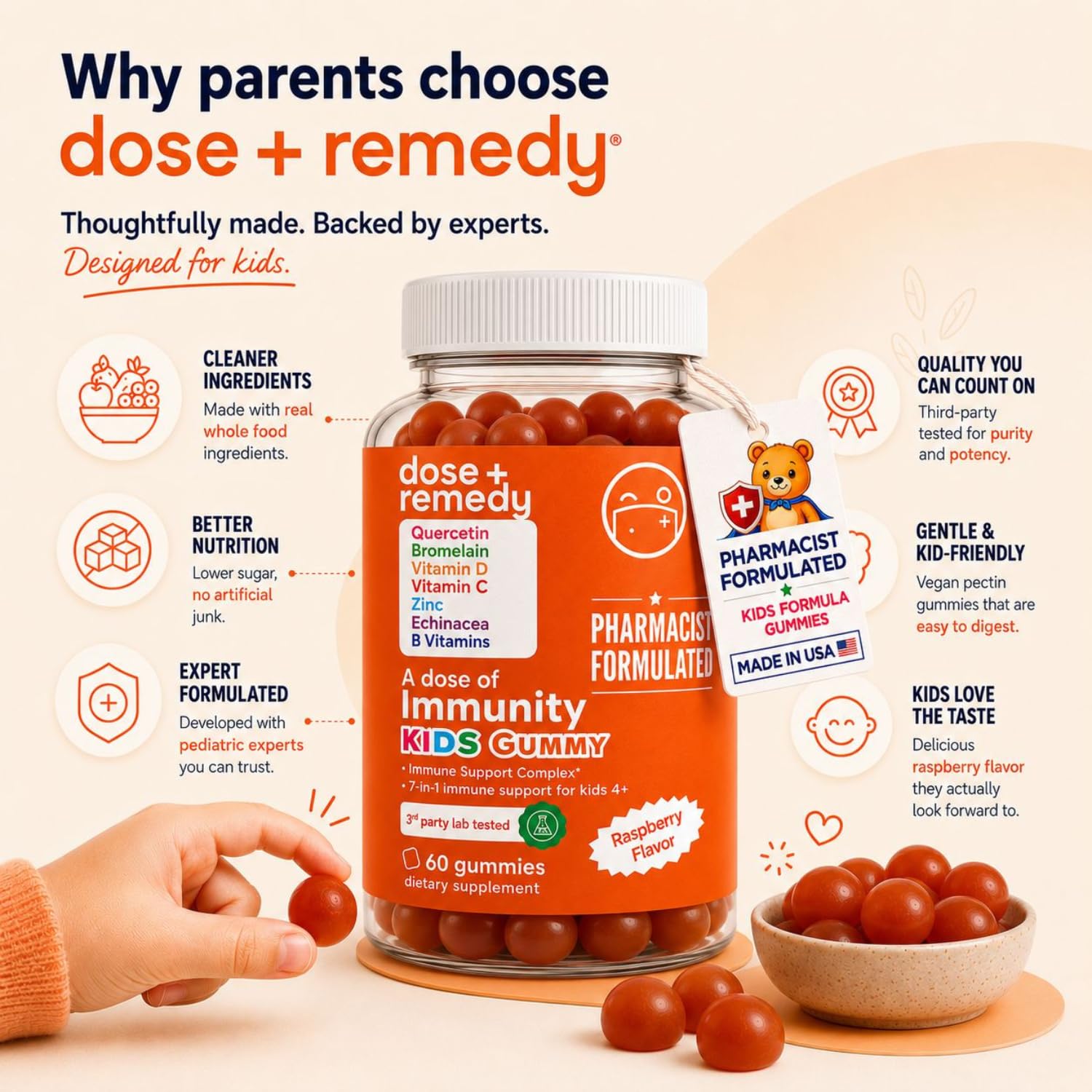 dose + remedy gominola en mano para comparar tamaño y facilidad de uso