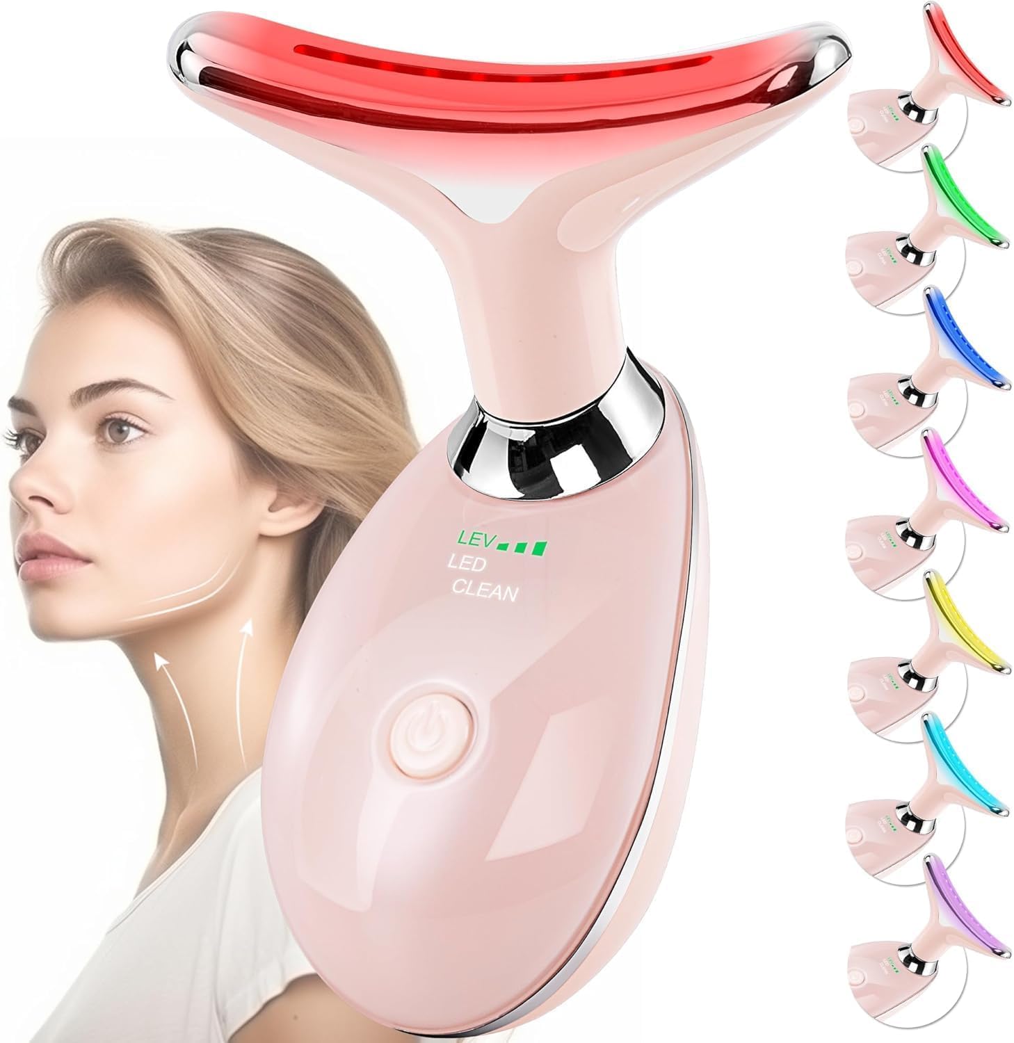 Doset vista frontal del masajeador en rosa que muestra el diseño ergonómico y portabilidad