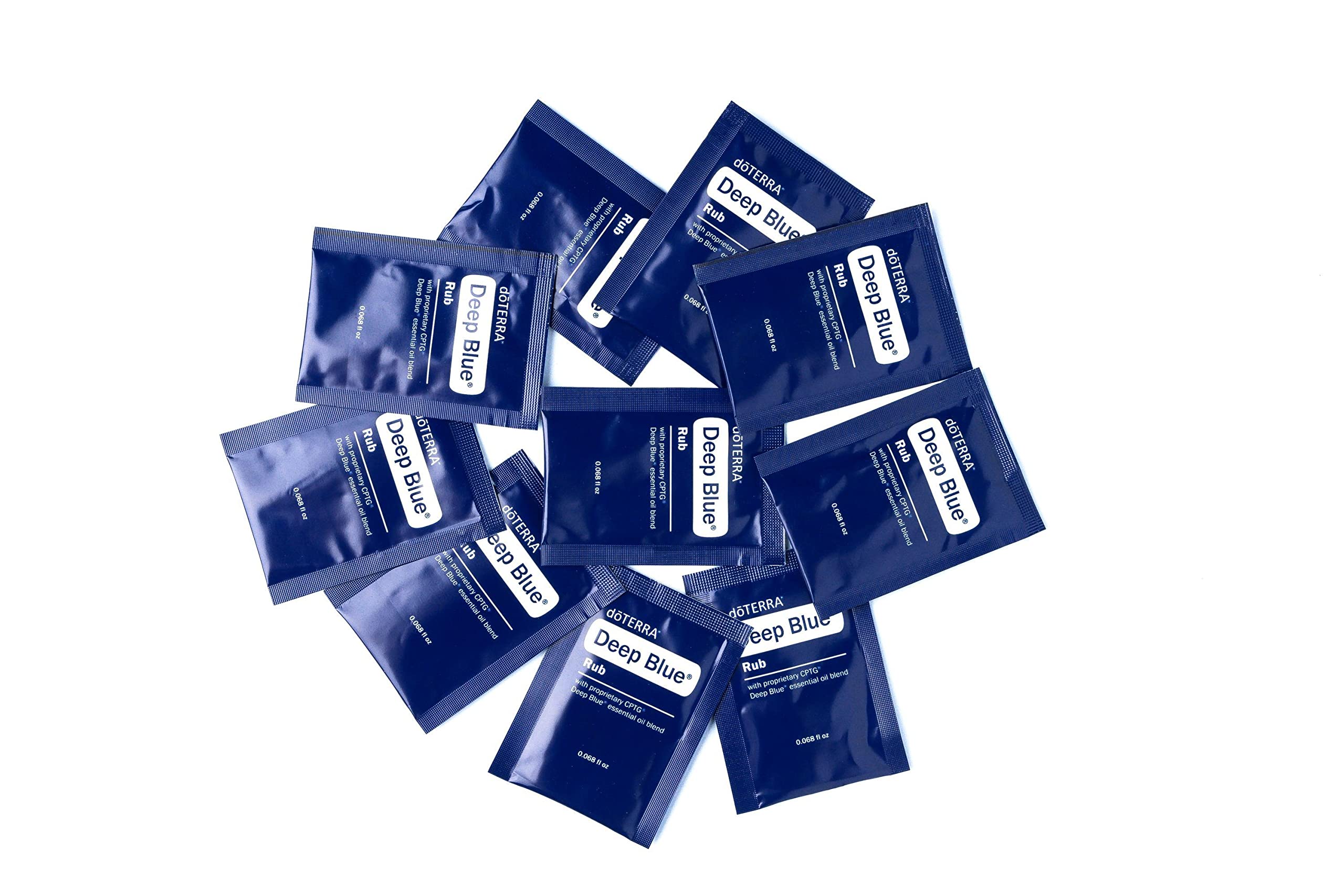 doTERRA empaque delantero de Deep Blue Rub mostrando muestra práctica y fácil transporte