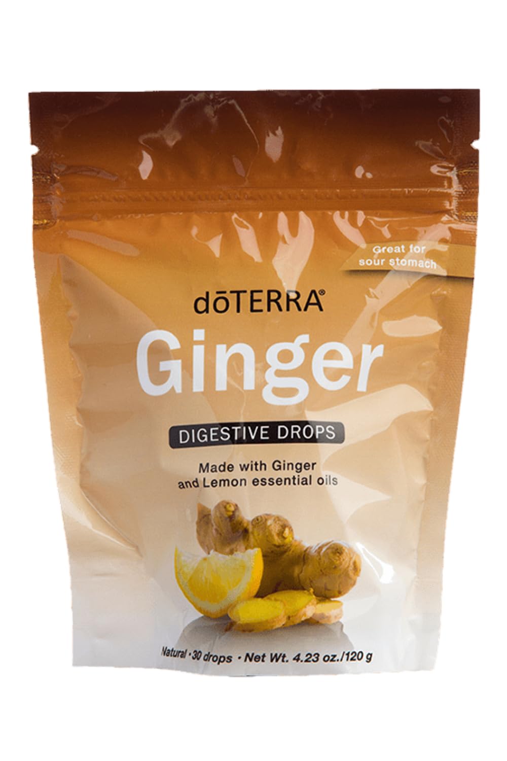doTERRA bolsa frontal mostrando 30 gotas, beneficio portabilidad