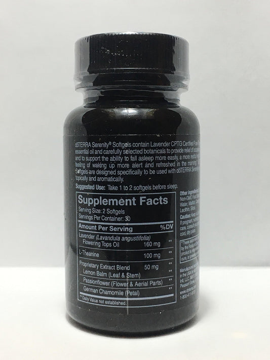 doTERRA primer plano de cápsula blanda Serenity, textura lisa para ingestión cómoda