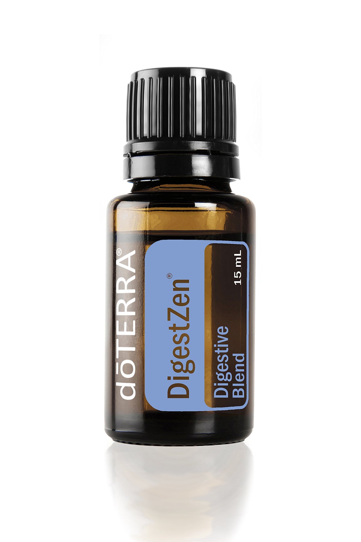 doTERRA DigestZen frasco frontal mostrando diseño y tamaño práctico