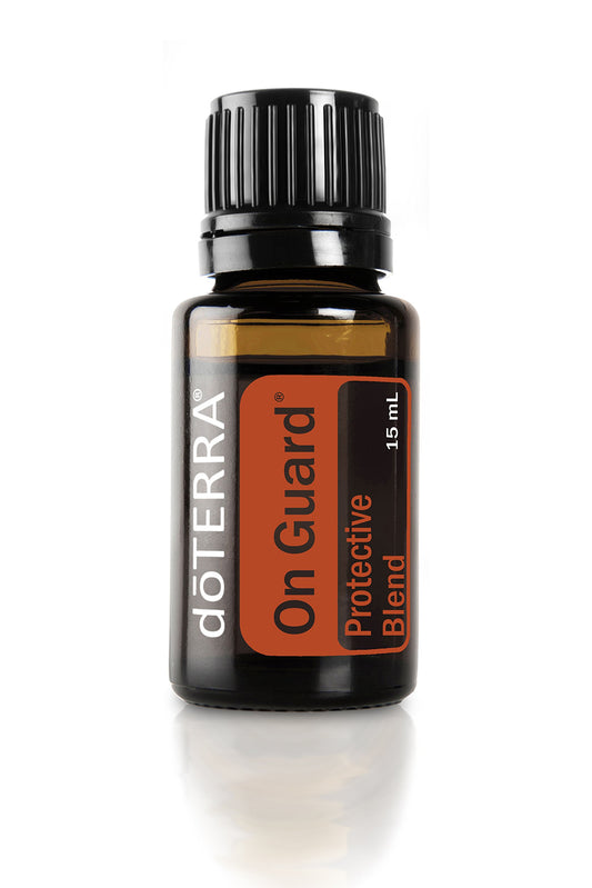 doTERRA On Guard frasco frontal mostrando etiqueta y tamaño