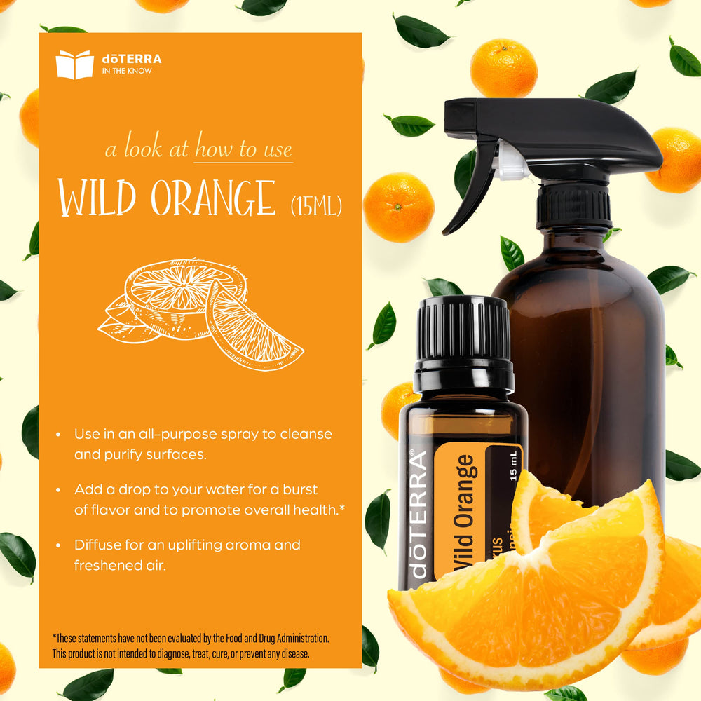 doTERRA etiqueta de Wild Orange legible con información de pureza visible