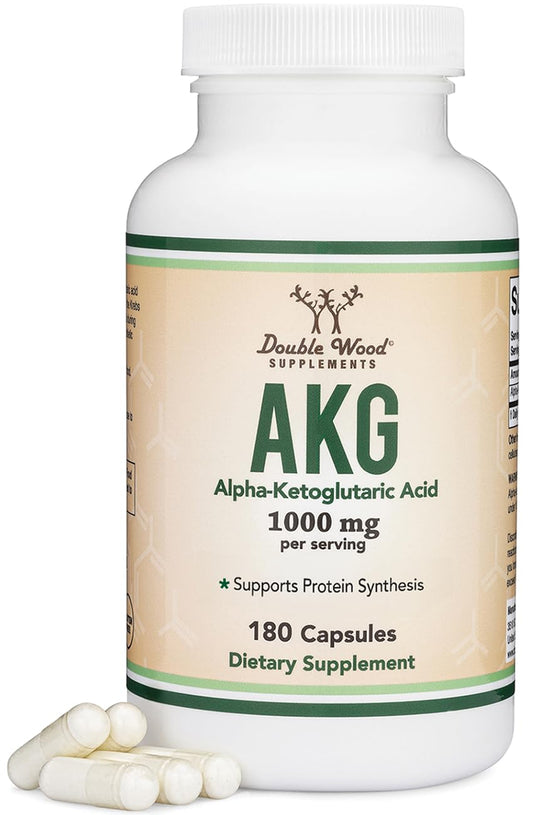 Double Wood Supplements frasco AKG frente mostrando etiquetado y dosis