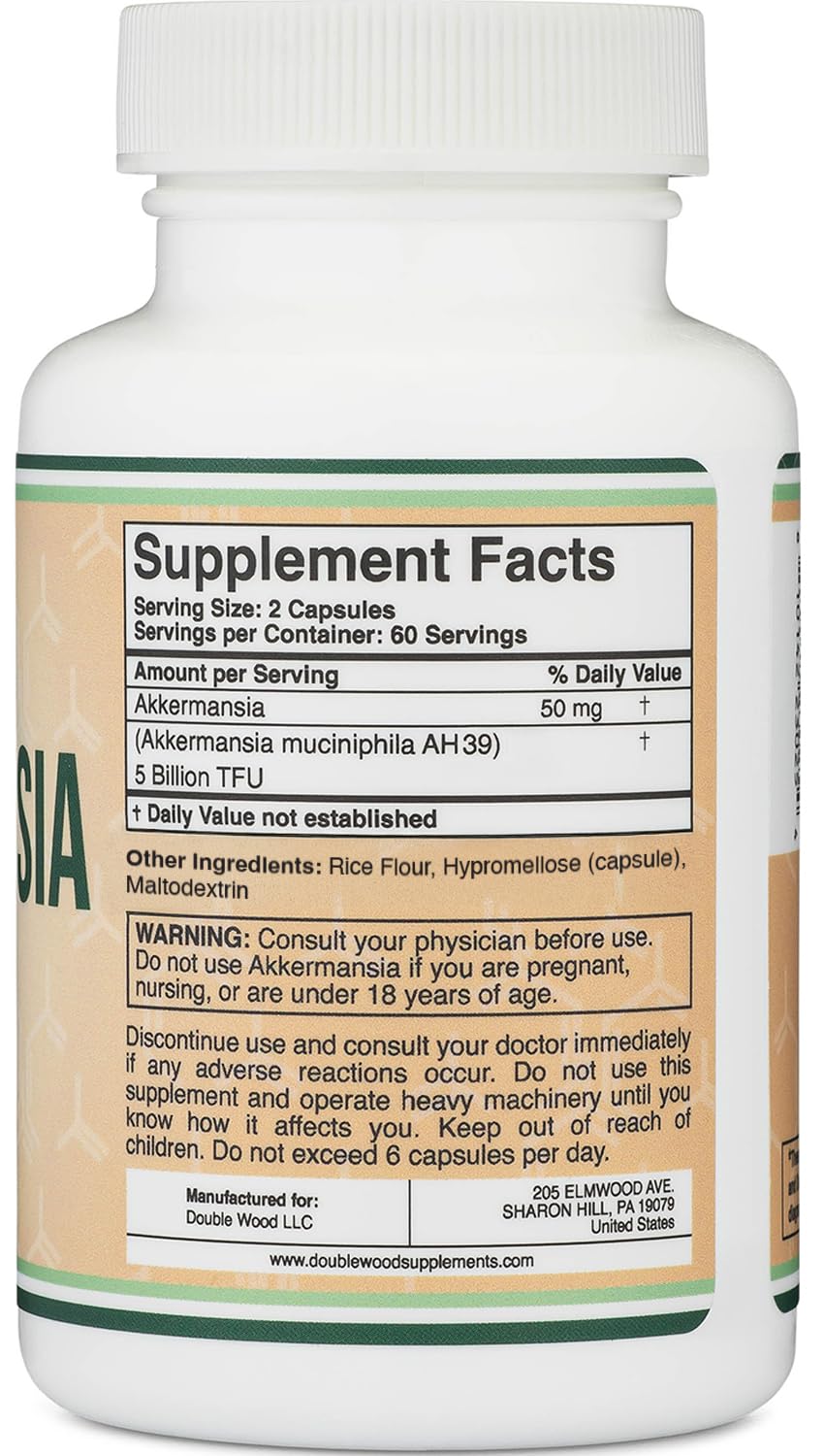 Double Wood Akkermansia etiqueta: información de lote y pruebas para transparencia.