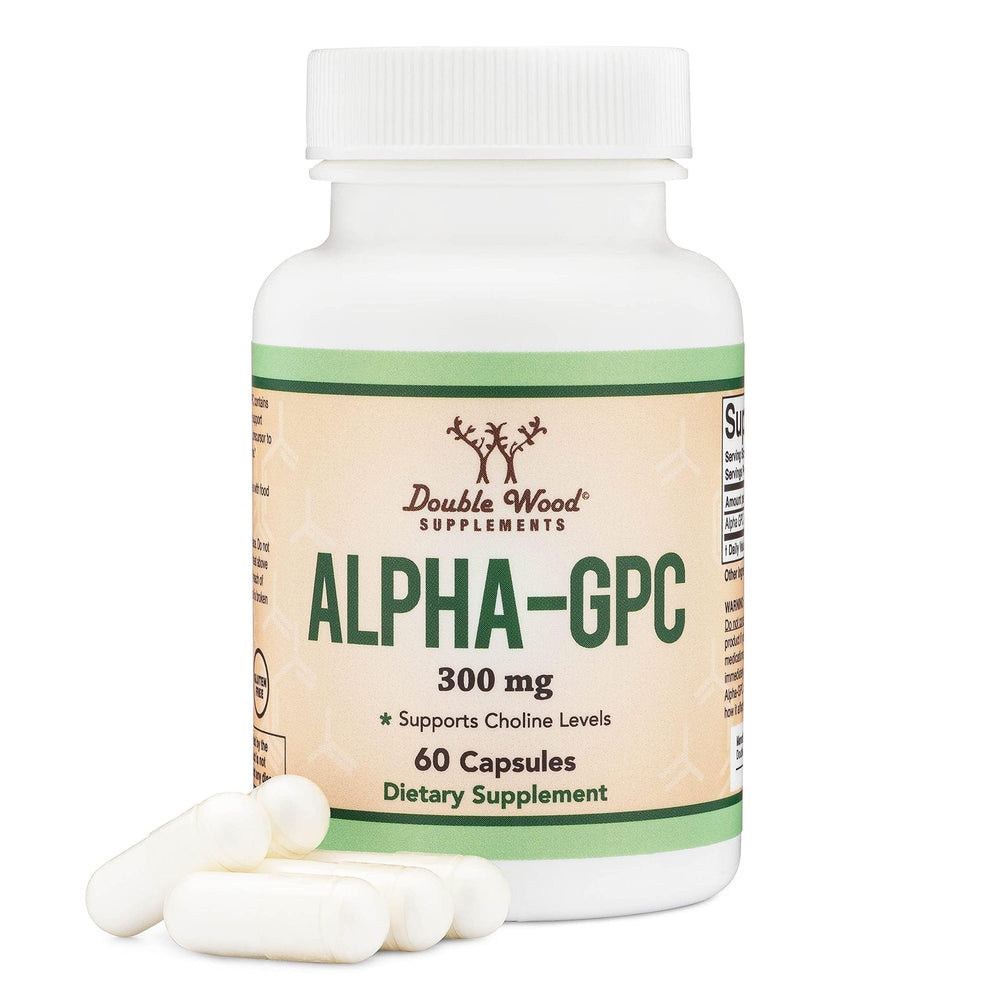Double Wood Alpha GPC frontal del envase mostrando 60 cápsulas y beneficios