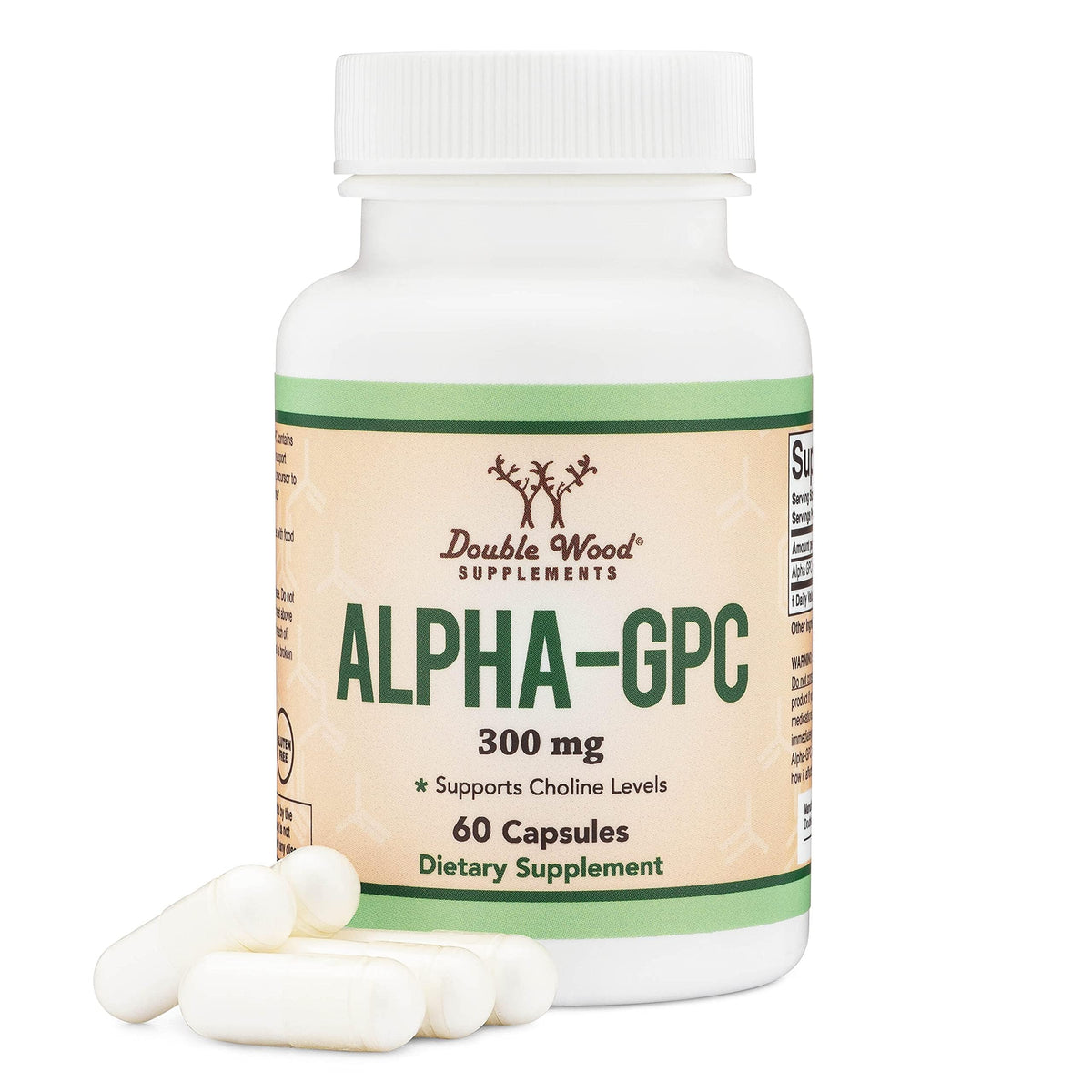 Double Wood Alpha GPC frontal del envase mostrando 60 cápsulas y beneficios