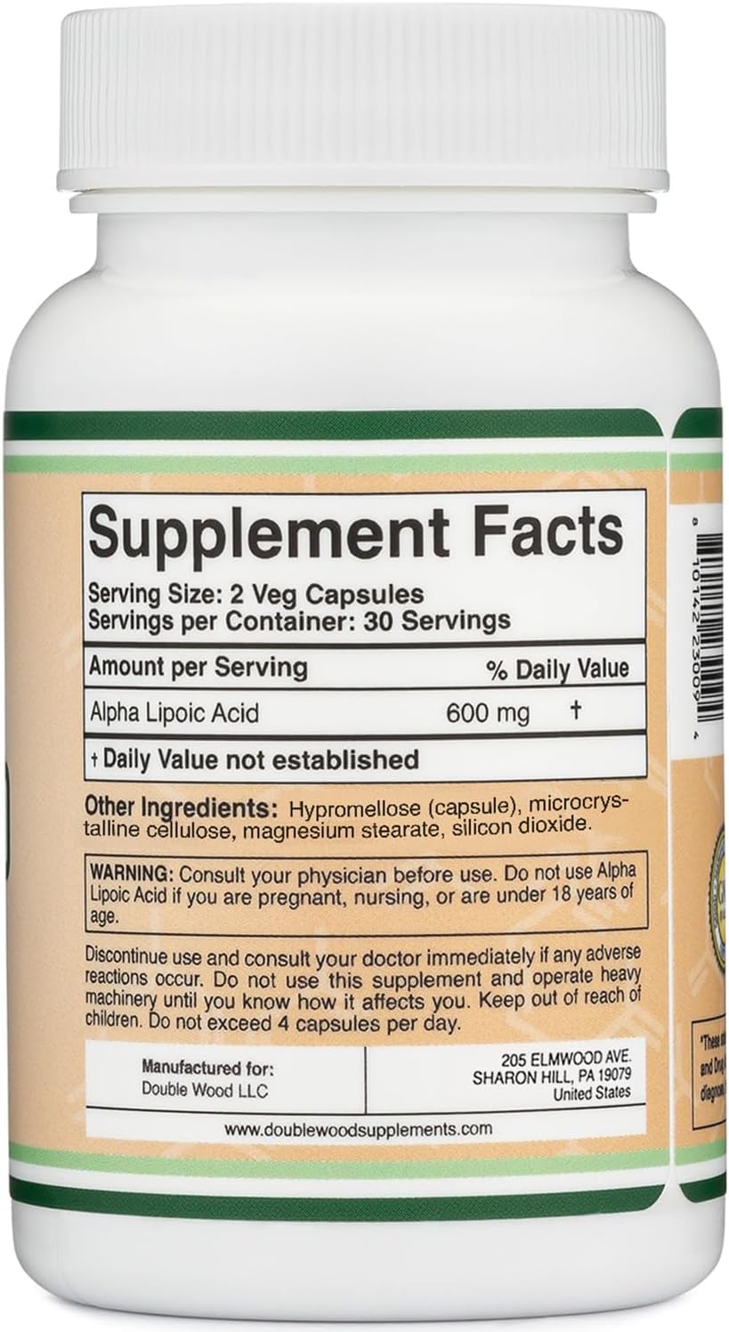 Detalle de la etiqueta Double Wood Alpha Lipoic Acid con información de dosis