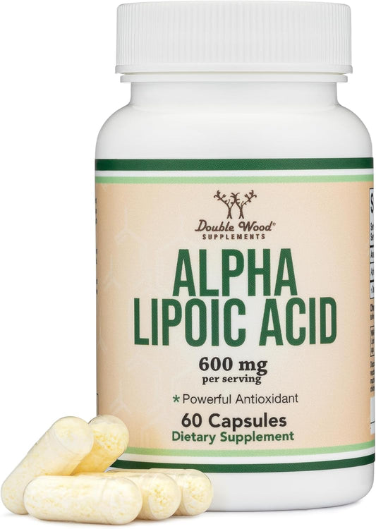 Botella frontal Double Wood Alpha Lipoic Acid 60 cápsulas con etiqueta clara y garantía