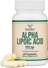 Botella frontal Double Wood Alpha Lipoic Acid 60 cápsulas con etiqueta clara y garantía
