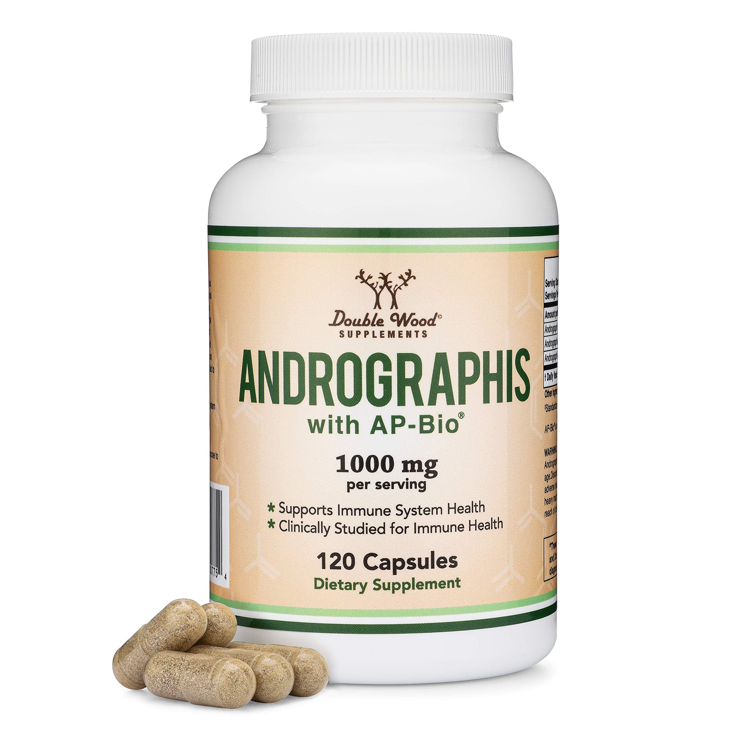 Double Wood Andrographis frasco frontal mostrando etiqueta y beneficio de concentración
