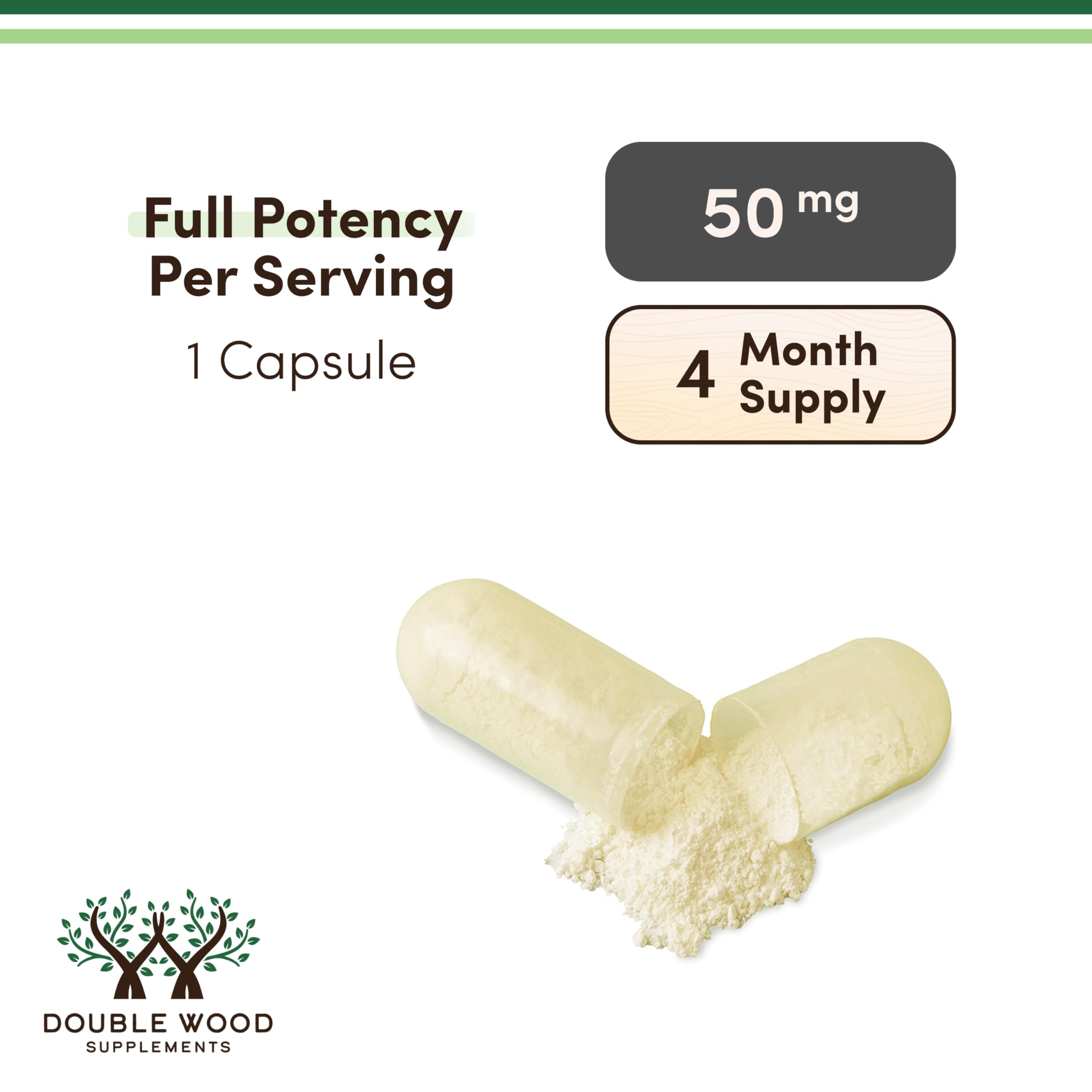 Etiqueta nutricional del producto Double Wood Apigenin mostrando dosis y pureza