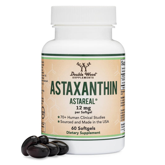 Double Wood astaxantina frasco frontal mostrando 60 softgels y beneficio antioxidante