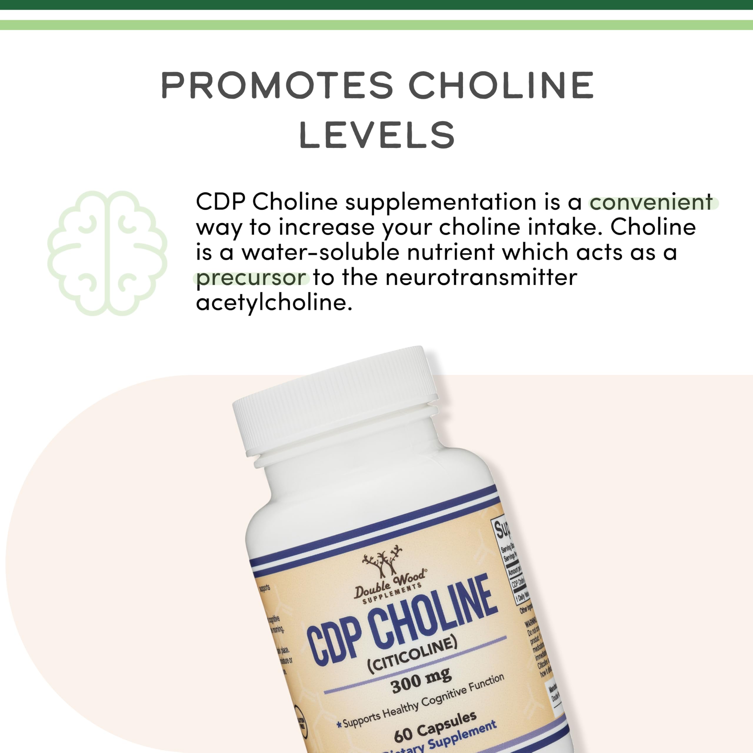 Detalle de cápsula de Double Wood CDP Choline para apreciar textura y tamaño