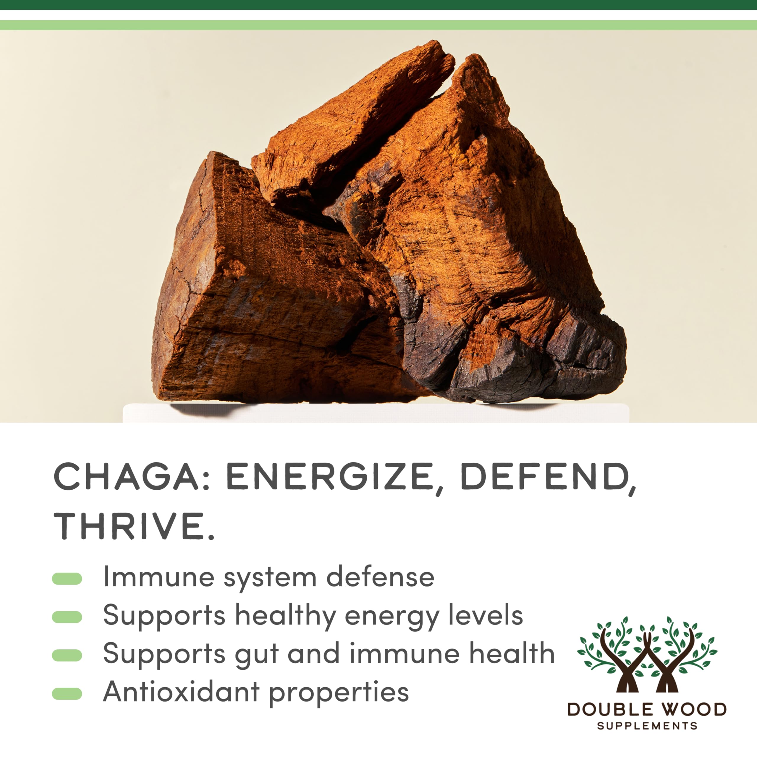 Etiqueta de Double Wood Chaga en primer plano que destaca orgánico y sin gluten para confianza