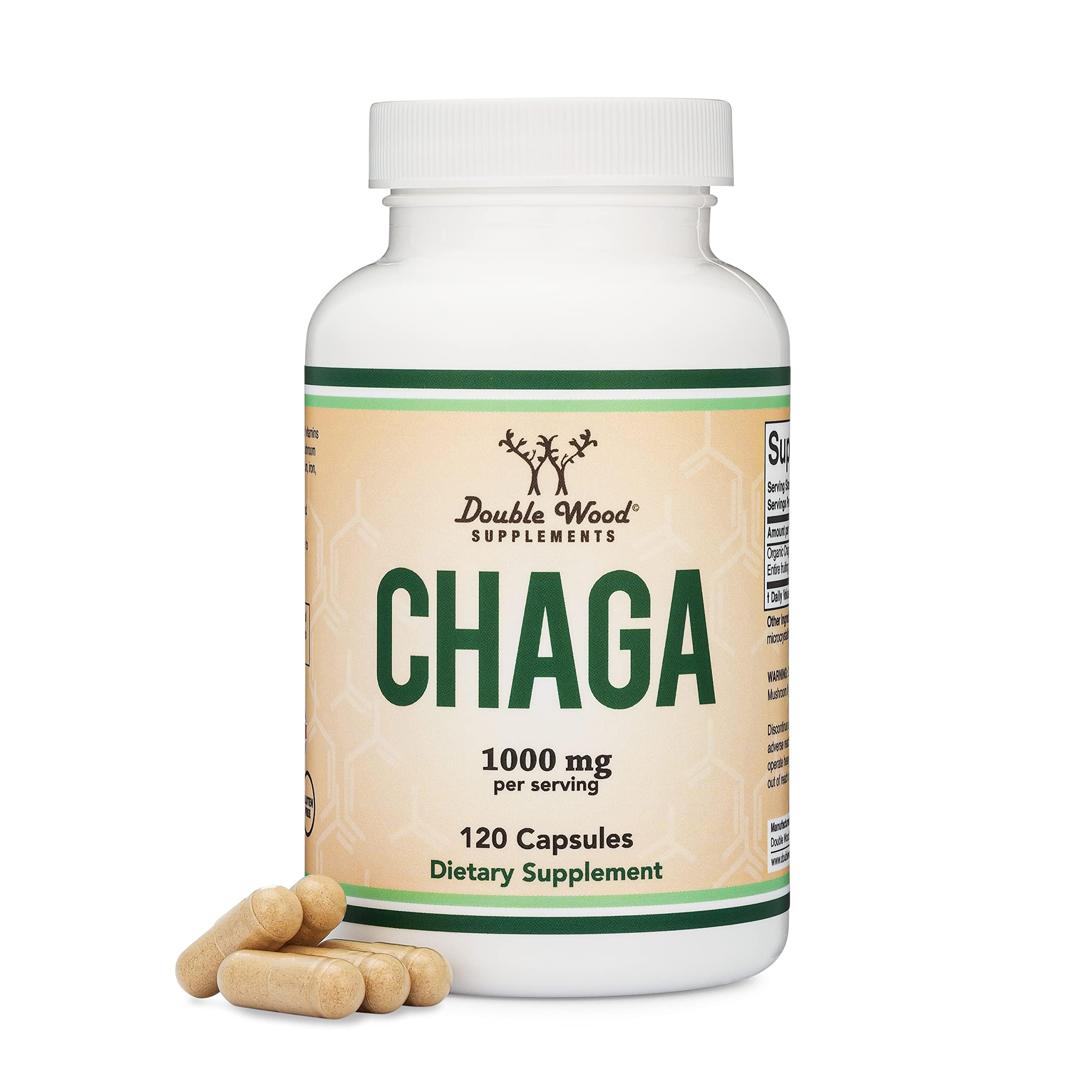 Double Wood frasco frontal del suplemento chaga mostrando la etiqueta y beneficio de apoyo inmune