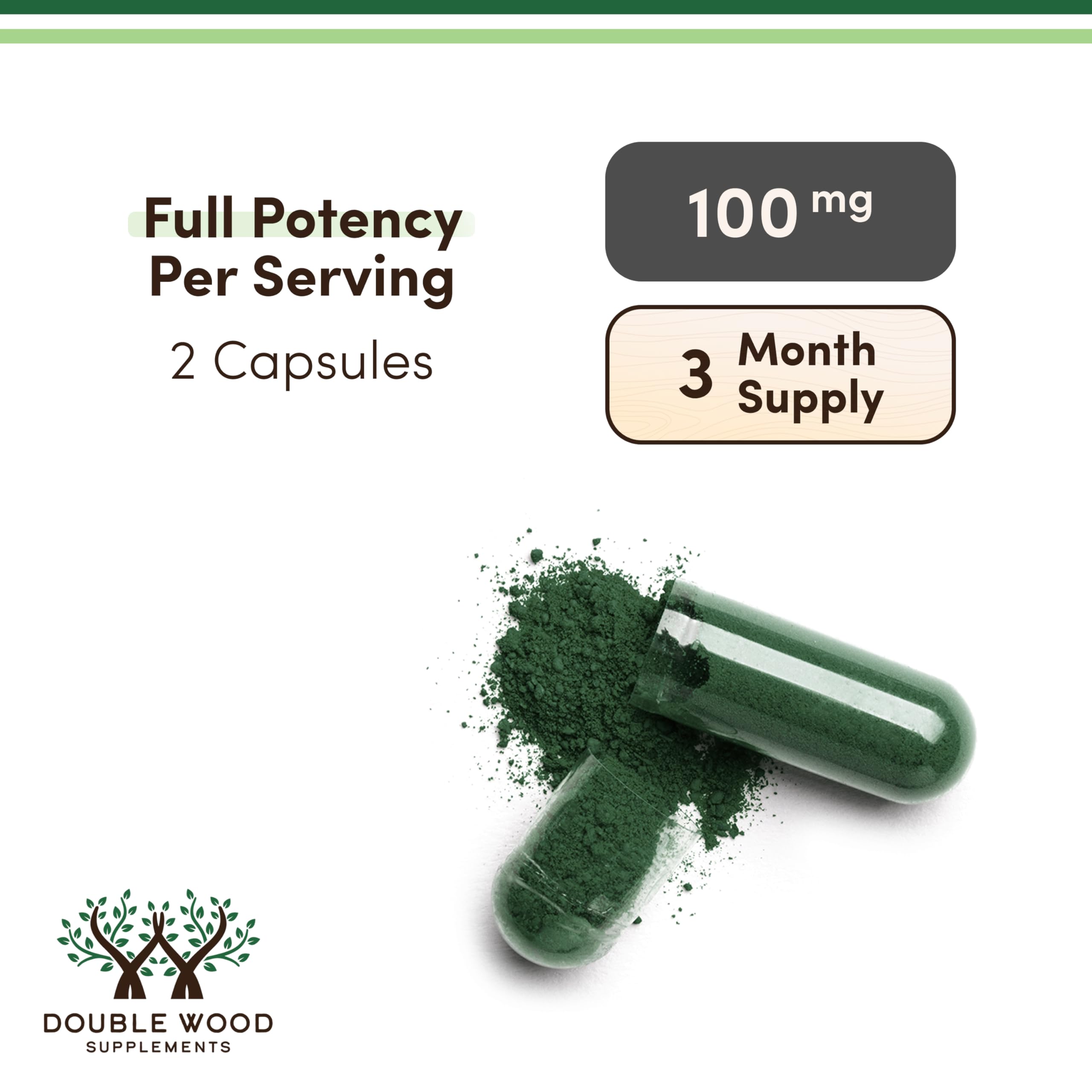 Double Wood Supplements en cocina junto a verduras verdes, sugiere bienestar diario